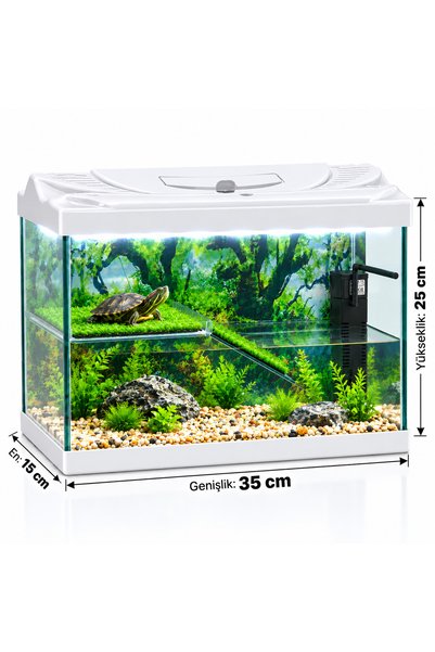 Fauna Pet Supplies 35cm Full Cam Siyah Kaplumbağa Akvaryumu Bahçesi Led Işık Filtre Dinlenme Alanı Rampalı