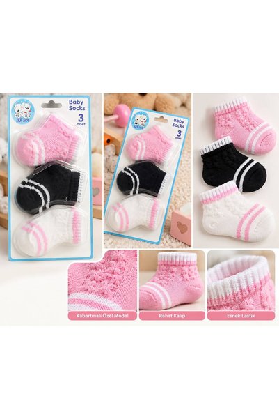 Akface 3-Piece Embossed Patterned Pink Cotton Newborn Baby Socks