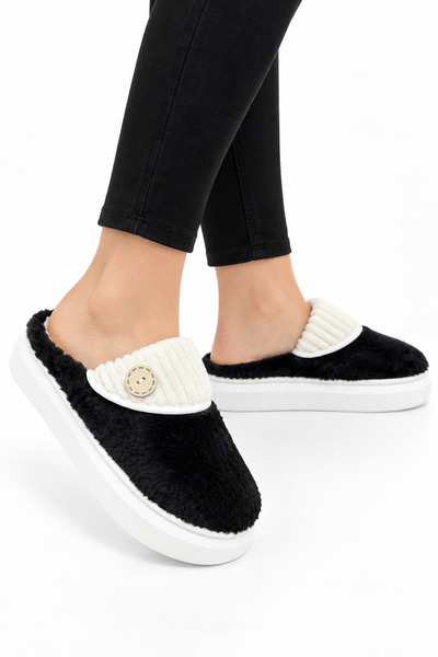 Jagulep Women's Warm Plush Button Detailed House Slippers Black
