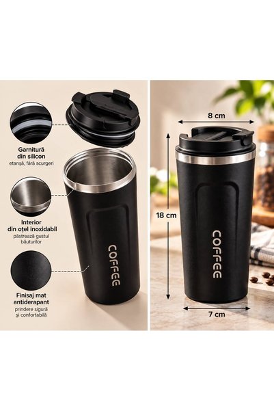 OEM Cana Termica Cafea COFFEE, 500 ml, Inox, Perete Dublu, Izolatie Vacuum, Pastreaza Bauturile Reci 24h si Calde 6h, Capac cu Sistem de Inchidere, Negru Mat