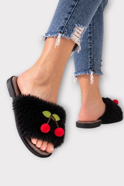Jagulep Women's warm plush home slippers with cherry detail - black