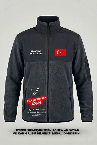 The Baski Erkek Türk Bayrağı ve Ad Soyad Kan Grubu Baskılı Tam Fermuar Dik Ya...