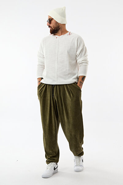 COCOPELLI Pantaloni de jogging pentru bărbați, plisați, din catifea, kaki COC3626