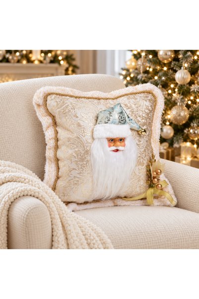 No Brade Pernă decorativă de Crăciun cu Moș Crăciun 3D, ecru, 40 × 40 cm, detalii aurii