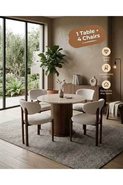 TrentonGCC طقم طاولة طعام دائرية حديثة (100×100×75 سم) مع 4 كراسي مبطنة، قاعد...