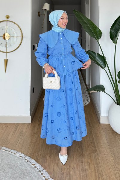 Moda Asrın Fisto Kumaş Astarlı Etek-Gömlek Tesettür Takım- Mavi