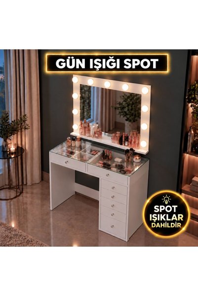 Rani Mobilya Rani BJ263 Hollywood Işıklı Aynalı Kulis Makyaj Masası Cam Tabla...