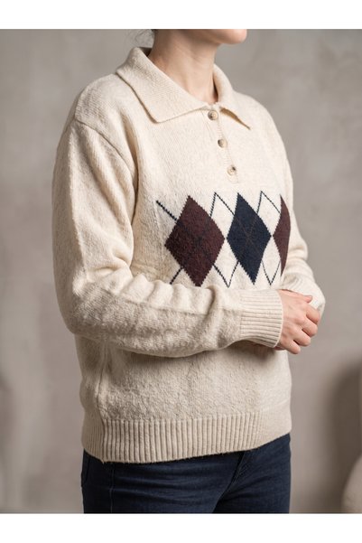 AURRARİ Pulover tricotat cu model baklava, cu guler polo, de culoare crem, pentru femei