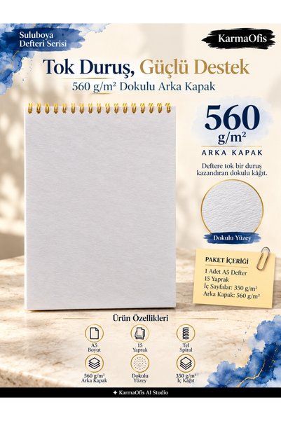 KarmaOfis A5 Suluboya Defteri 350 gr Dokulu Kâğıt Tel Spiralli Perforeli 15 Yaprak 3 Adet