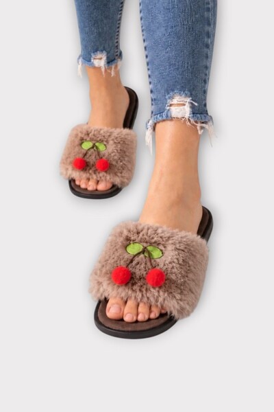 Jagulep Women's Warm Plush Cherry Detailed House Slippers Vi̇zon