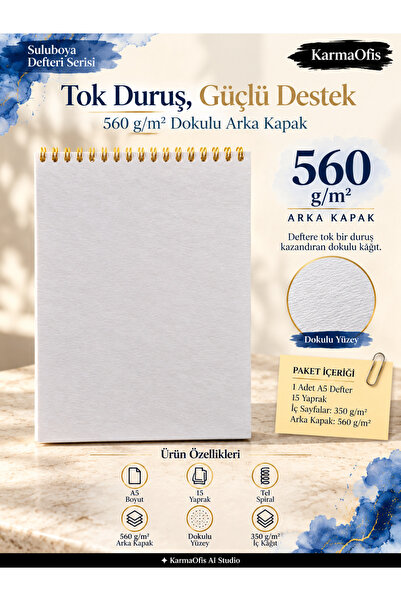 KarmaOfis A5 Suluboya Defteri 350 gr Dokulu Kâğıt Tel Spiralli Perforeli 15 Yaprak 2 Adet