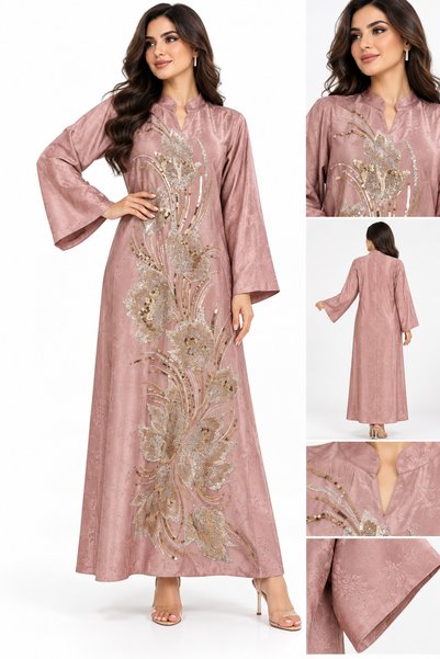 White colour Luxurious Women's Jalabiya with Golden Floral Embroidery - Sophi...