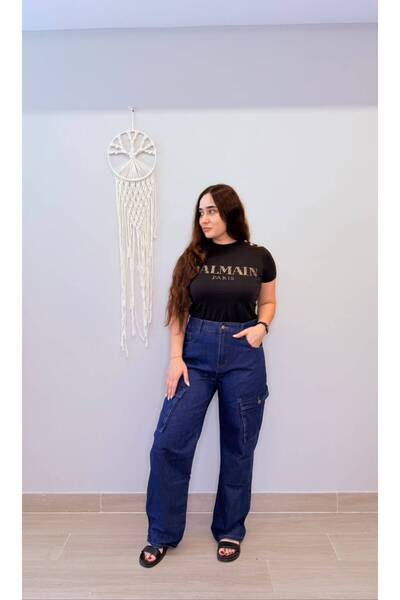 LINELLE Women's Dark Blue Wide-Leg Cargo Jeans