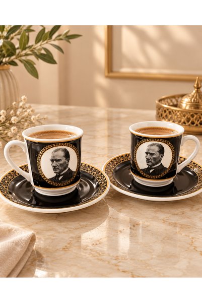 Efe Atatürk Baskılı Siyah Altın Detaylı Türk Kahvesi Fincan Takımı