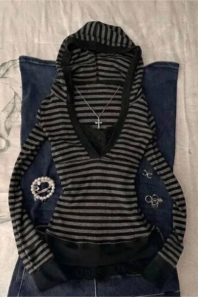 claine Antrasit Siyah Çizgili Kapüşonlu Gotik Y2K Uzun Kollu Crop