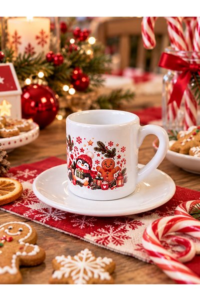 Hepsi Enteresan Special for New Year's Day Turkish Coffee Cup with Mixed Patterns, Santa Claus, Snowman and Deer Patterned New Year Gift