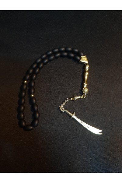 MRYart Matte Black Onyx Stone Gold Color Metal Zülfikar 33-Piece Prayer Beads