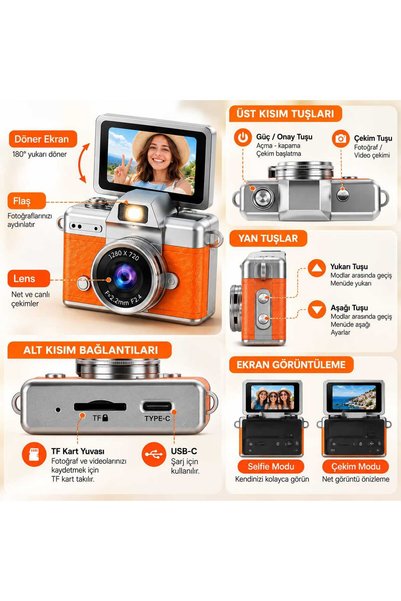 Asfal Mini Dijital Fotoğraf Makinesi 1080P Full HD Video Kamerası 180 Derece Döner Ekranlı Retro Tasarım Şarjlı Çocuk Kamerası