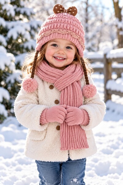 minik'o kids Ki̇tti̇ 26160-05 Girls 1-4 Years Scarf, Beanie, Gloves Set