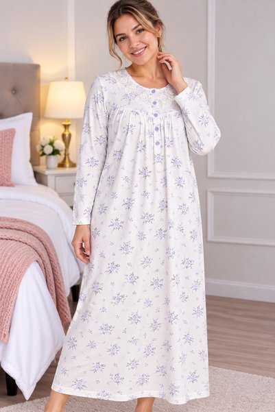 Alize Moda Long Sleeve, 100% Cotton, Floral, Plus Size Women's Nightgown