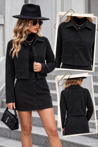 DRESSIFY WOMEN’S FASHION Kadın Uzun Kollu Yakalı Önden Düğmeli Ceket Ve Kısa Etek Ikili Süet Takım