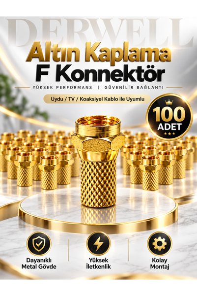 Derwell 100 Adet Altın Kaplama F Konnektör Seti - RG6 Vidalı Uydu Anten Kablo TV Fişi Yüksek İletkenlik Dayanıklı Metal Gövde Merkezi Sistem LNB Uyumlu Kesintisiz Sinyal Konnektörü