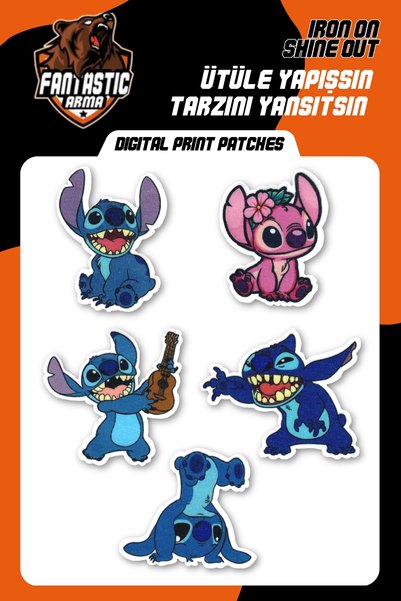 FANTASTIC ARMA Lilo & Stitch ve Angel Karakterleri – Gerçek Kumaş Dokulu, Lazer Kesim Ütüyle Yapışan Arma Patch Seti (5 Parça)