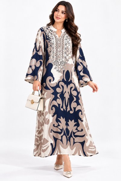 White colour جلابية نسائية فاخرة طويلة بنقشات هندسية وزخارف شرقية أنيقة وأكما...