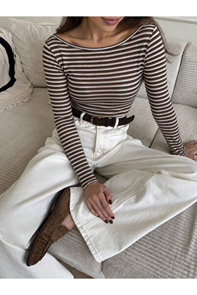 CrepTekstil Women's Coffee Black Striped Boat Neck Slim Knitwear Long Sleeve ...