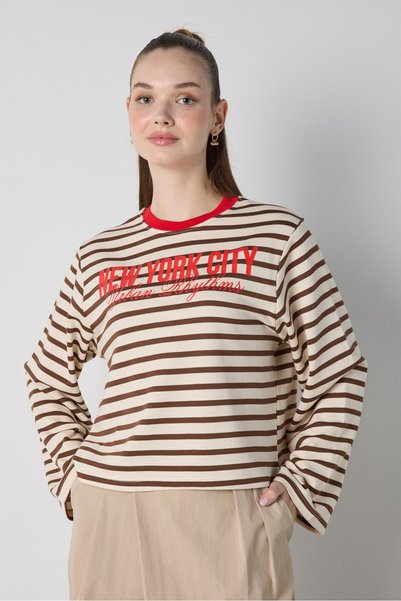 mina aise Kadın Kahverengi Crop Geniş Kol Oversize Baskılı Çizgili Sweatshirt...