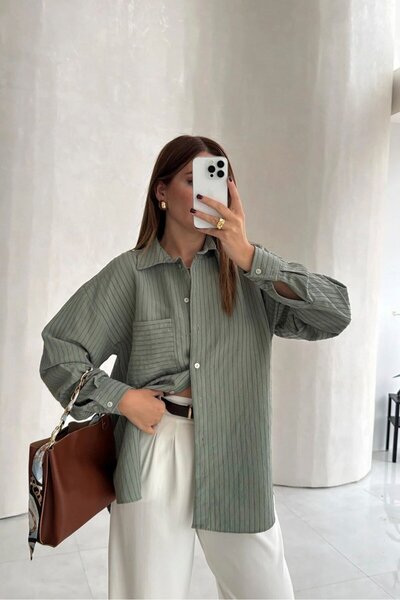 Häula Modal Kumaş Oversize Çizgili Dokulu Cepli Uzun Kollu Gömlek Standart Beden