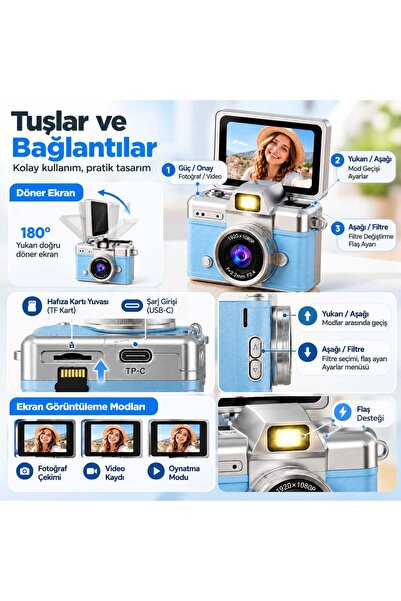 Asfal Mini Dijital Fotoğraf Makinesi 1080P Full HD Video Kamerası 180 Derece Döner Ekranlı Retro Tasarım Şarjlı Çocuk Kamerası