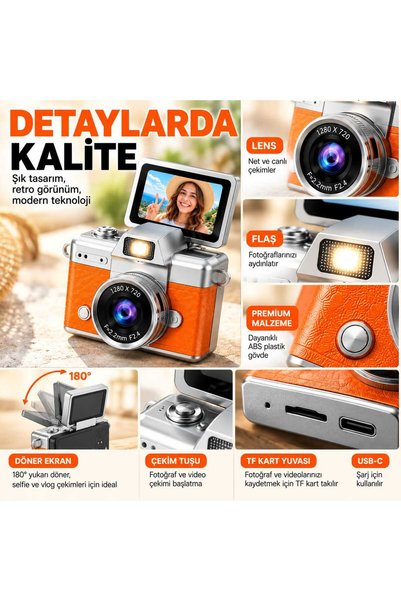 Asfal Mini Dijital Fotoğraf Makinesi 1080P Full HD Video Kamerası 180 Derece Döner Ekranlı Retro Tasarım Şarjlı Çocuk Kamerası