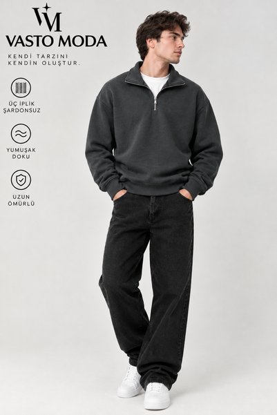 Vasto Moda Erkek Oversize Kalın Dokulu 3 İplik Şardonsuz Kaşkorse Bisiklet Yakalı Basic Yarım Fermuarlı Sweatshirt