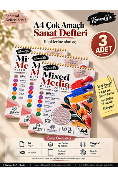 KarmaOfis A4 Mixed Media Resim Defteri 350 gr Dokulu Kâğıt 15 Yaprak Spiralli Perforeli | Akrilik Marker | Guaj Boya | Yağlı Boya | 3 Adet