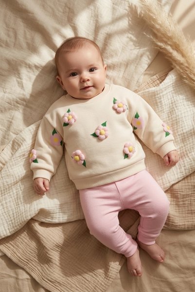 Babydonat Daisy Bloom Floral Patterned Cream Sweatshirt and Pink Sweatpants C...