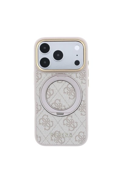 Guess iPhone 18 Pro Max Case Licensed M-Safe 4g Patterned 360 Stand Classic Lettering Logo Cover Pink