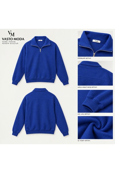 Vasto Moda Erkek Oversize Kalın Dokulu 3 İplik Şardonsuz Kaşkorse Bisiklet Yakalı Basic Yarım Fermuarlı Sweatshirt