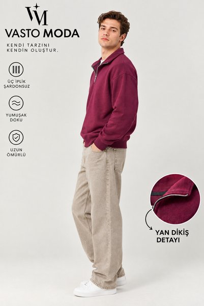 Vasto Moda Erkek Oversize Kalın Dokulu 3 İplik Şardonsuz Kaşkorse Bisiklet Yakalı Basic Yarım Fermuarlı Sweatshirt