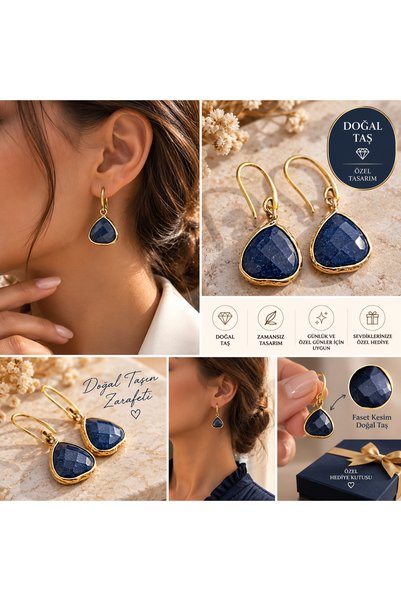 Trinkacollection Doğal Taş Lacivert Damla Küpe – Gold Renk Çerçeveli, Faset K...