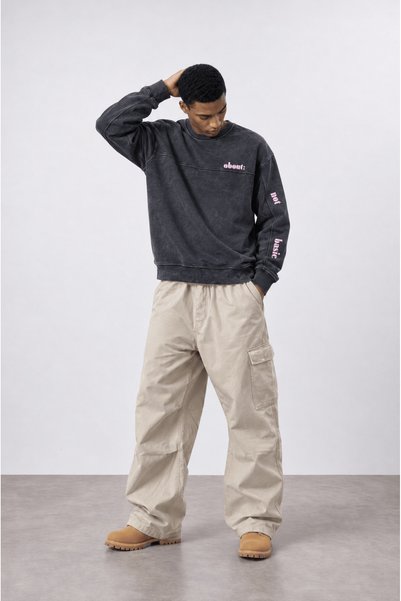Respire Erkek About Baskılı Yıkamalı Oversize Sweatshirt Siyah