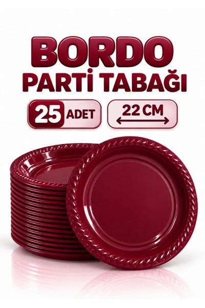Delvos Bordo Renk 22'cm 25'li Parlak Tabak Renkli Dayanıklı Plastik Doğum Gün...