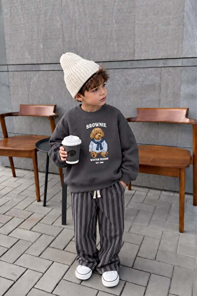 Monila Boy's 3-Yarn Cotton Teddy Bear Printed Sweatshirt and Striped Bottom T...