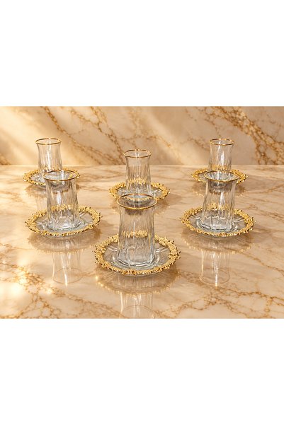 atabey home Zoe Real Gold Golded & Flower Decorated Glass Tea Set 12 Pieces -...