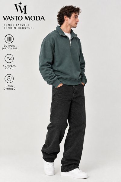 Vasto Moda Erkek Oversize Kalın Dokulu 3 İplik Şardonsuz Kaşkorse Bisiklet Yakalı Basic Yarım Fermuarlı Sweatshirt