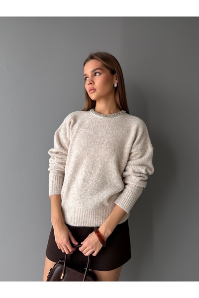 KENZA'A TRİKO Stone Embroidered Collar Shawl Collar Soft Sweater