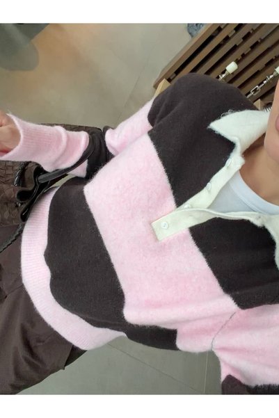 BB Bensu Buyruk Tricotaj cu dungi, cu guler polo, din lână, cu textură, cu aplicații VATKALI