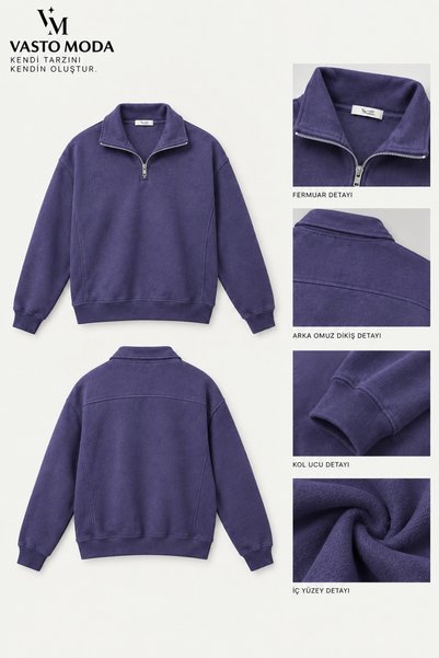 Vasto Moda Erkek Oversize Kalın Dokulu 3 İplik Şardonsuz Kaşkorse Bisiklet Yakalı Basic Yarım Fermuarlı Sweatshirt