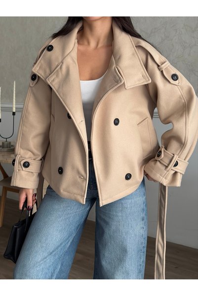 buqre's moda Dik Yaka Düğmeli Kuşaklı Kaşe Ceket