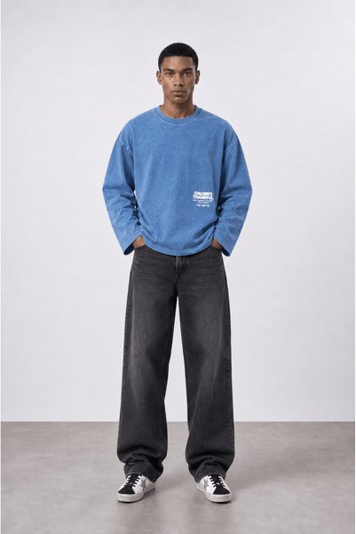 Respire Erkek Always Baskılı Yıkamalı Oversize Long Sleeve Bebe Mavi